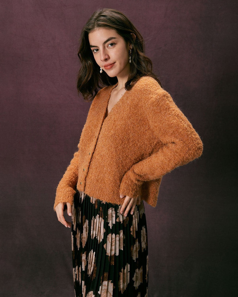 The V Neck Solid Fluffy Cardigan Tops - RIHOAS