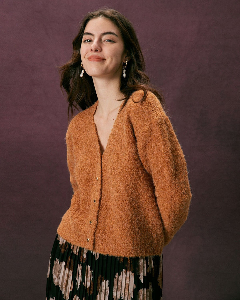 The V Neck Solid Fluffy Cardigan Tops - RIHOAS