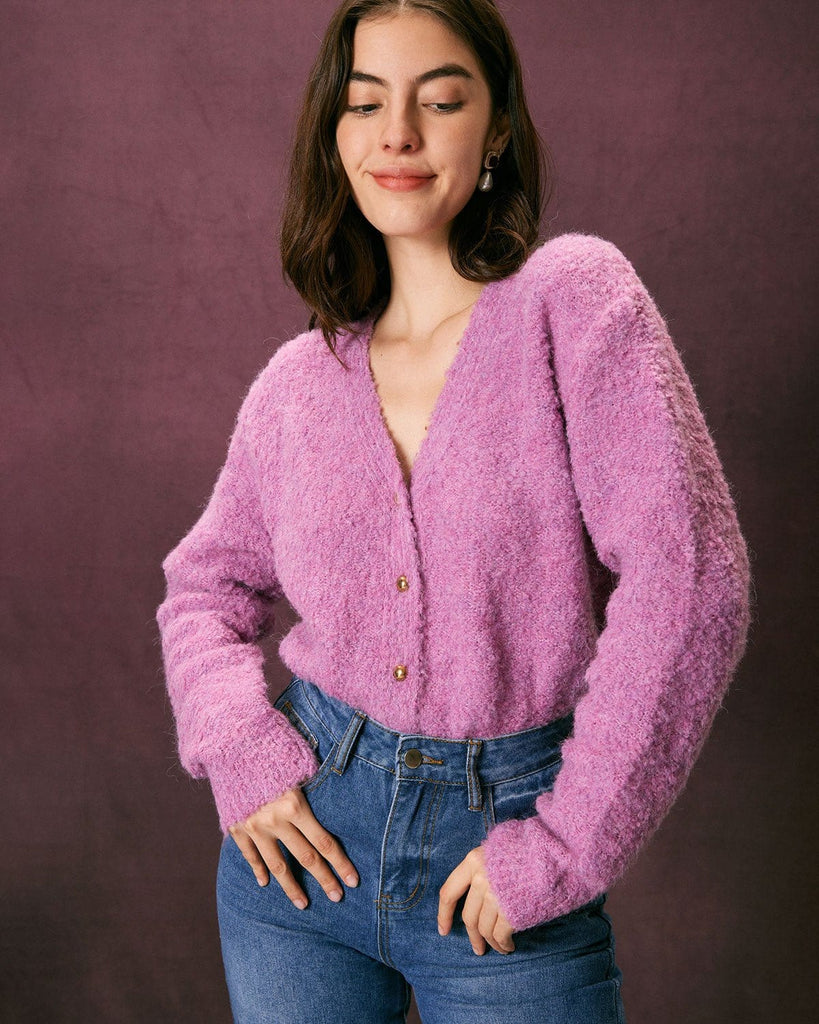 The V Neck Solid Fluffy Cardigan Tops - RIHOAS