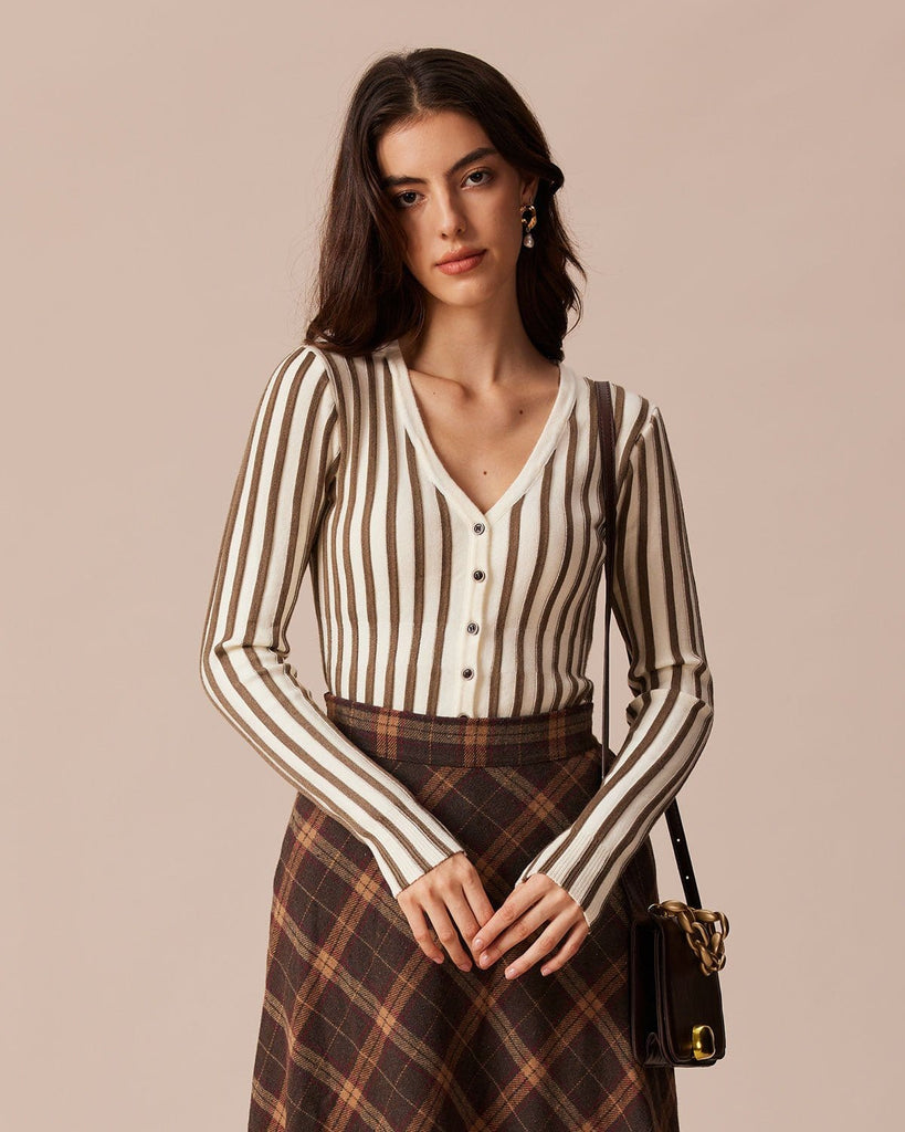 The V Neck Striped Cardigan Apricot Tops - RIHOAS