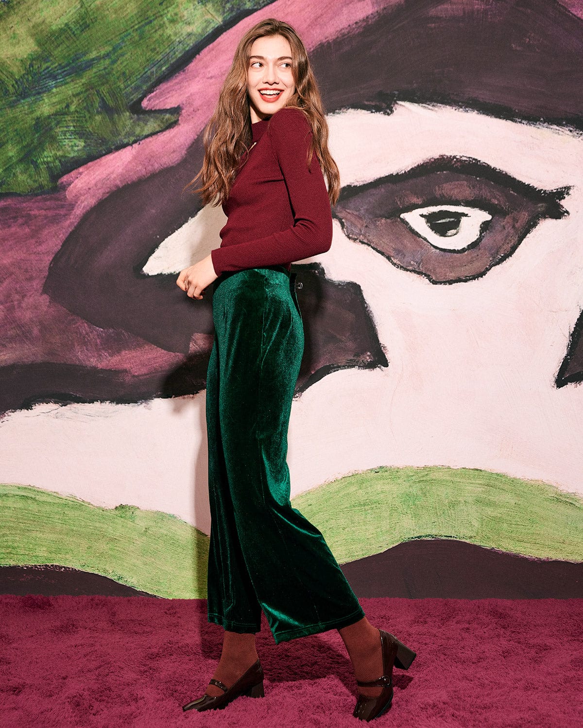 The Green High Waisted Velvet Straight Pants & Reviews - Green