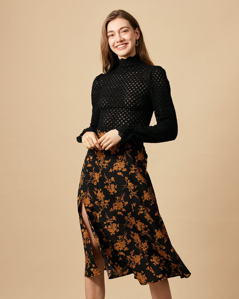 The Vintage Floral Split Side Skirt Black Bottoms - RIHOAS