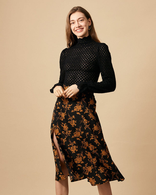 The Floral Slit High Waisted A line Skirt Floral Print A Line High Waisted Skirts Black Bottoms RIHOAS