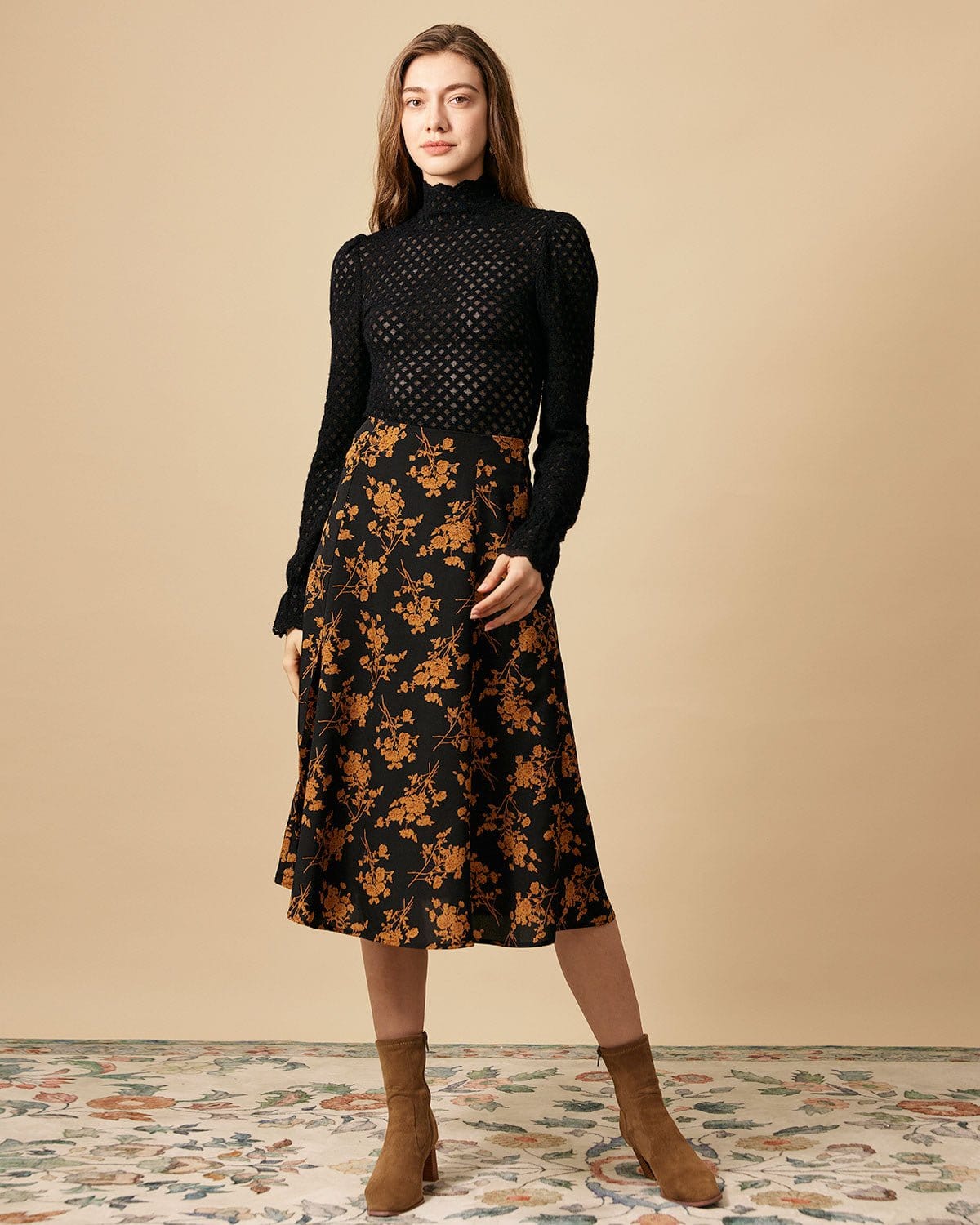 High waisted black floral skirt sale