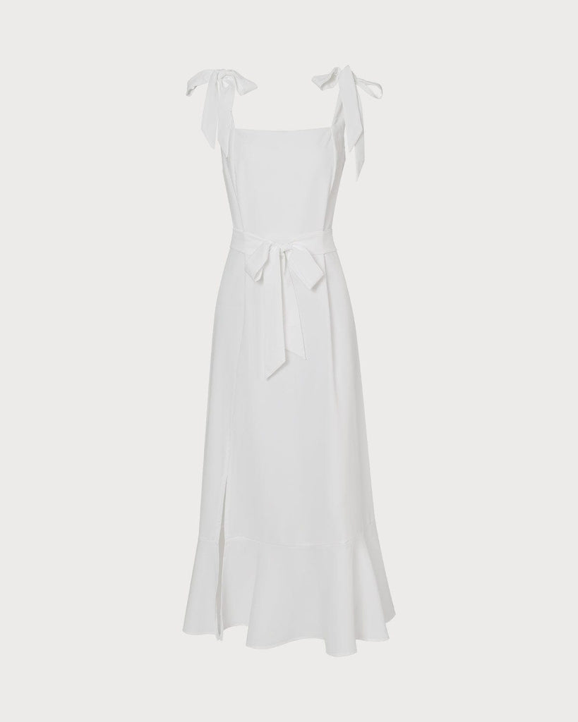 The Waist Tie Ruffle Hem Midi Dress White Dresses - RIHOAS