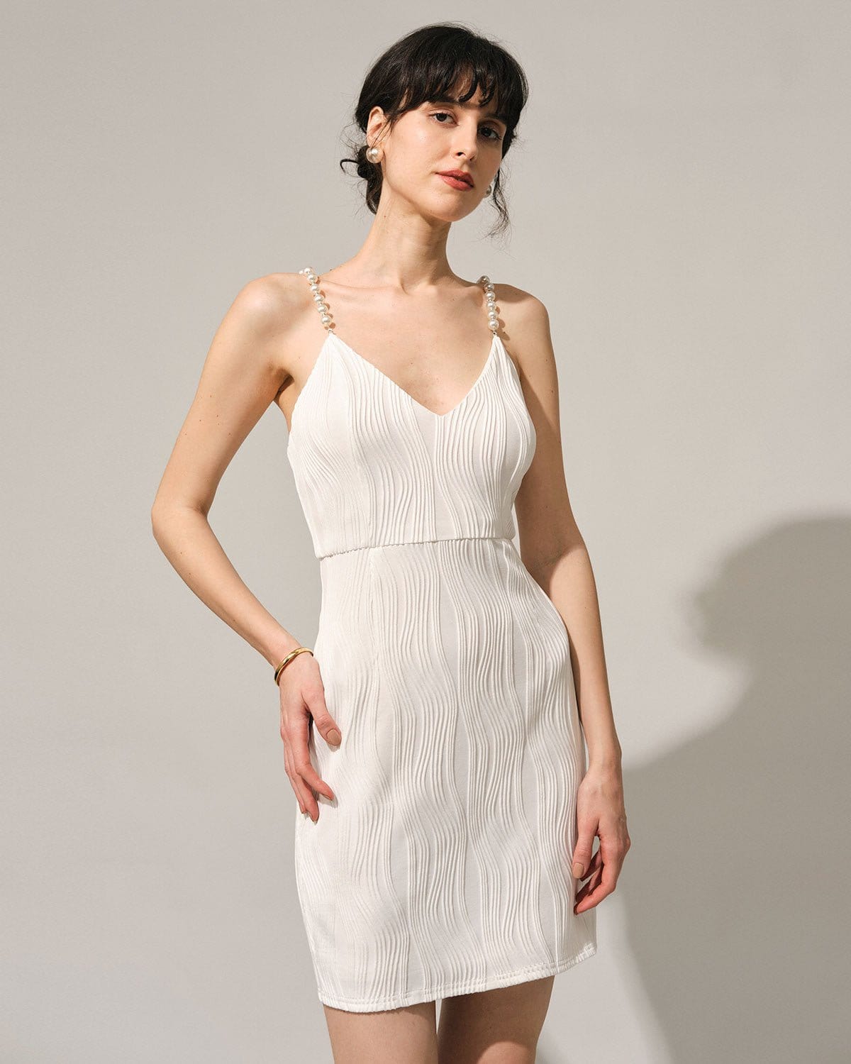 The White Water Ripple Textured Pearl Strap Mini Dress - Women's Formal  Sleeveless Mini Dresses - White - Dresses