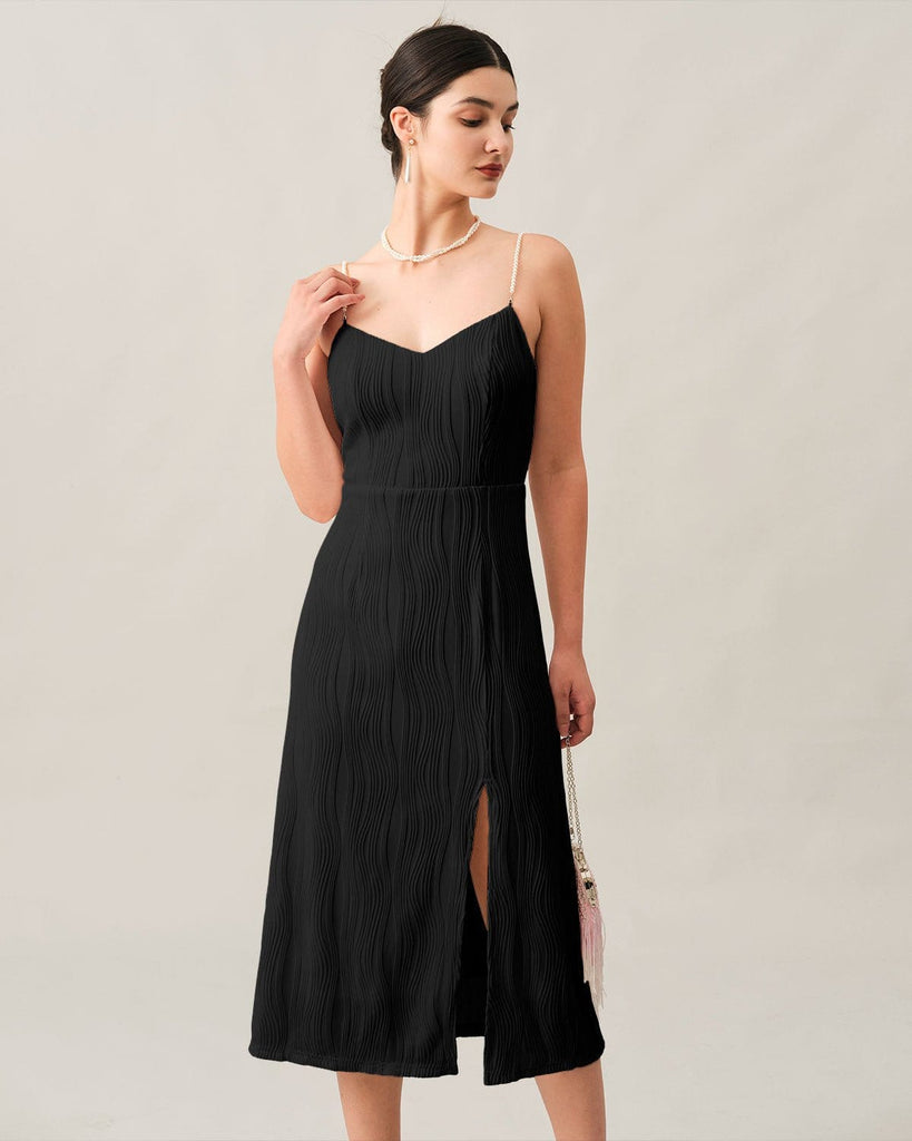 The Wave Textured Midi Dress Black Dresses - RIHOAS