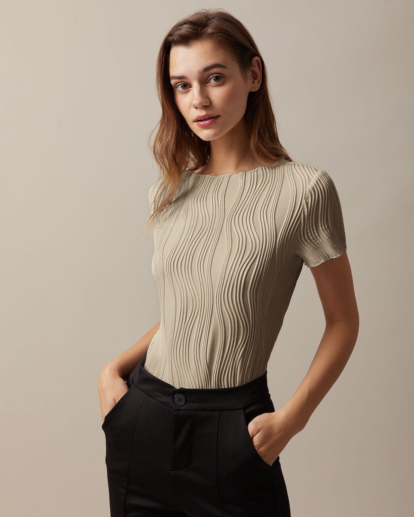 The White Boat Neck Wave Textured Tee Khaki Tops - RIHOAS