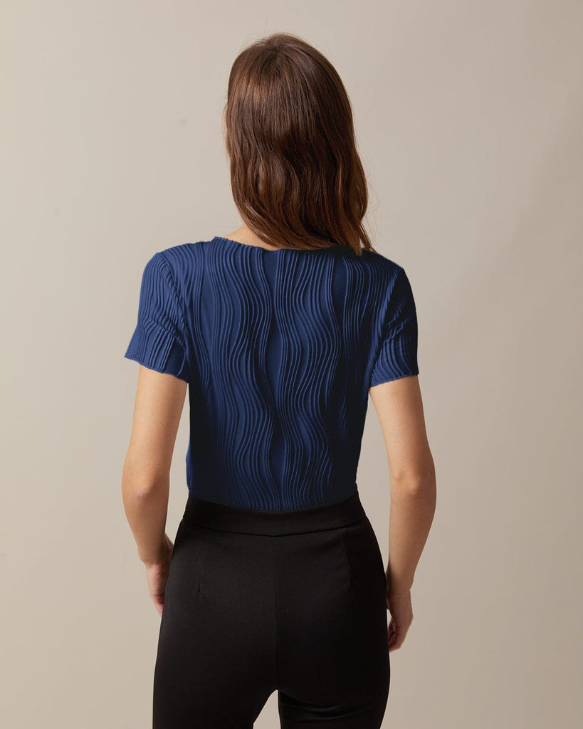 The White Boat Neck Wave Textured Tee Tops - RIHOAS