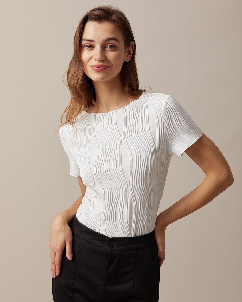 The White Boat Neck Wave Textured Tee White Tops - RIHOAS