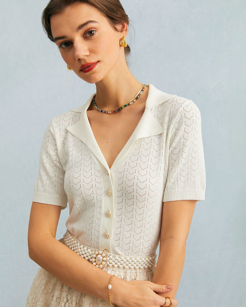 The White Collared Pointelle Kint Top Tops - RIHOAS