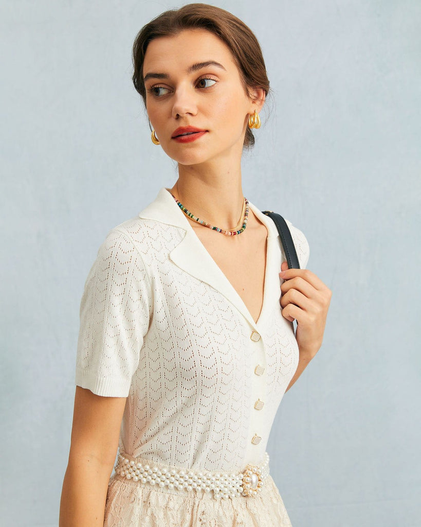 The White Collared Pointelle Kint Top Tops - RIHOAS