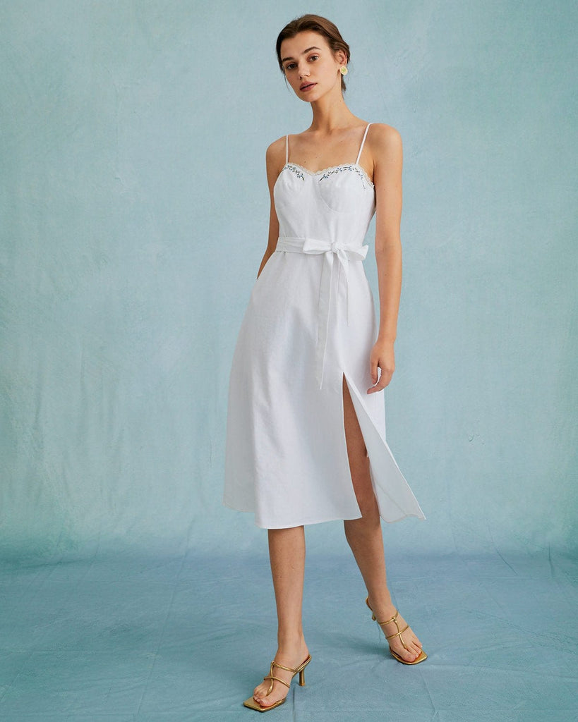 The White Embroidery Slit Midi Dress Dresses - RIHOAS