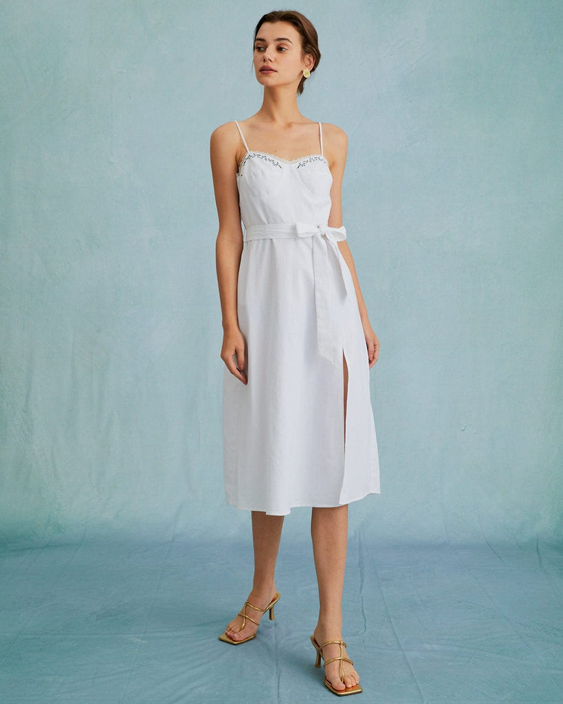 The White Embroidery Slit Midi Dress Dresses - RIHOAS