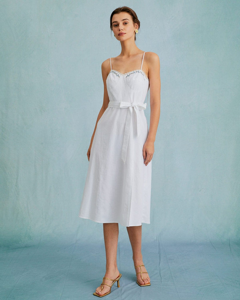 The White Embroidery Slit Midi Dress White Dresses - RIHOAS
