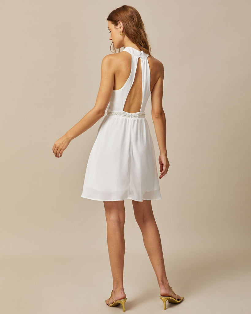 The White Halter Pearl Mini Dress Dresses - RIHOAS