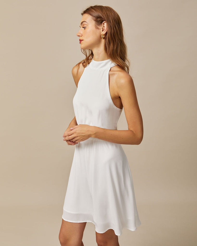 The White Halter Pearl Mini Dress Dresses - RIHOAS