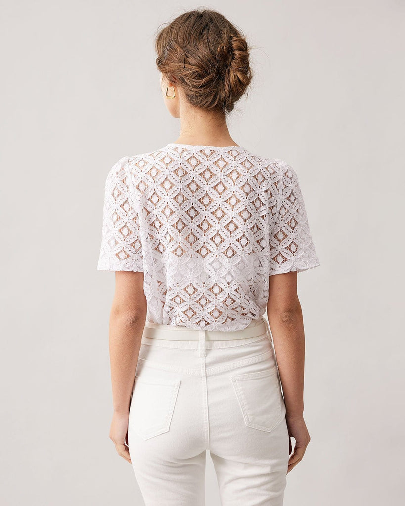 The White Lace Puff Sleeve Blouse Tops - RIHOAS