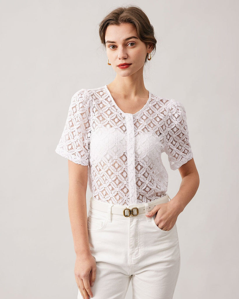 The White Lace Puff Sleeve Blouse White Tops - RIHOAS