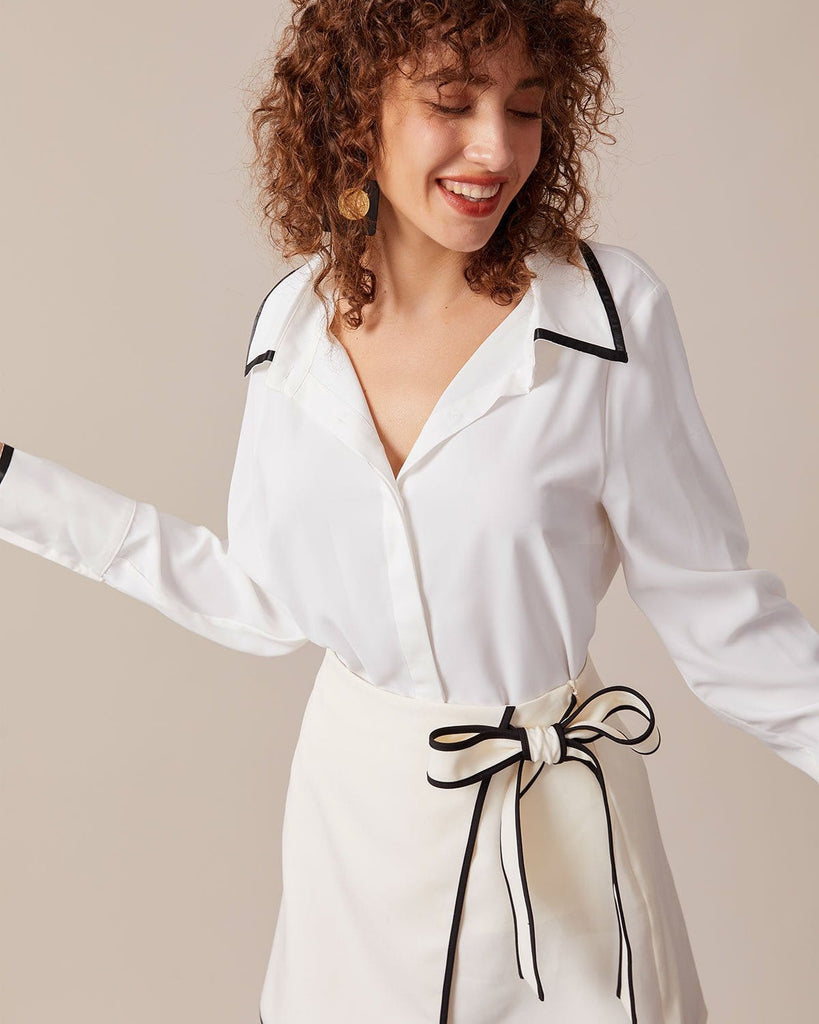 The White Lapel Contrast Shirt White Tops - RIHOAS