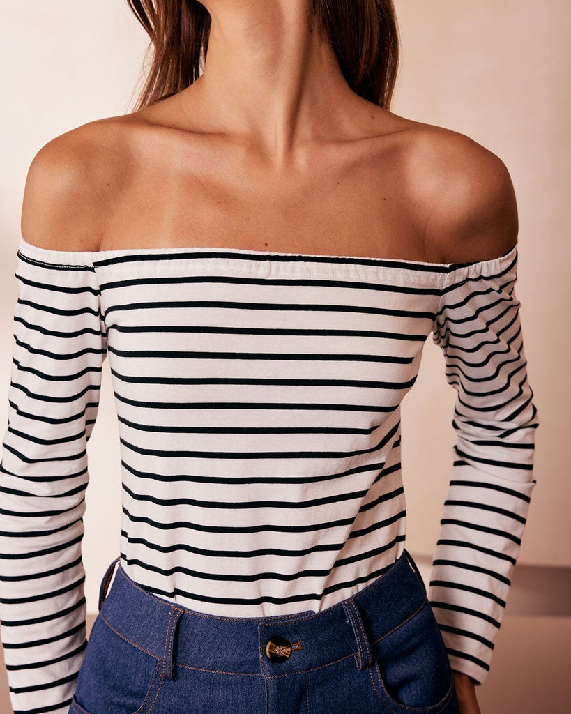 The White Off The Shoulder Striped Tee Tops - RIHOAS