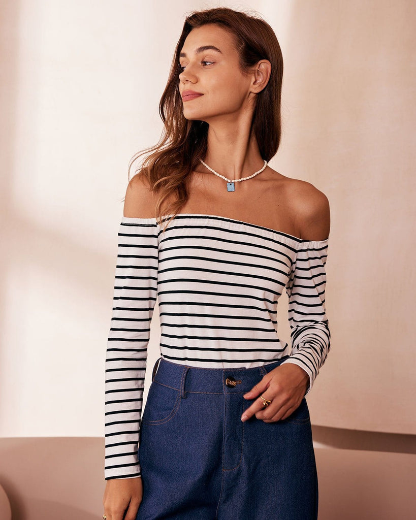 The White Off The Shoulder Striped Tee White Tops - RIHOAS
