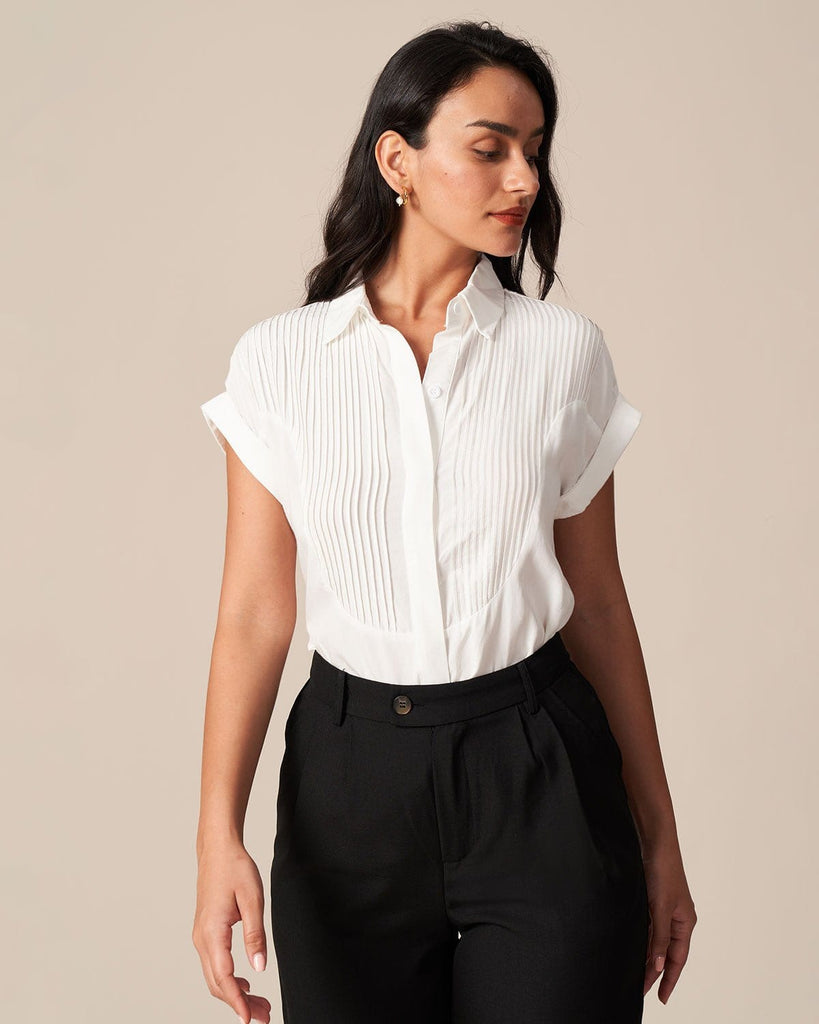 The White Raglan Sleeve Pleated Shirt White Tops - RIHOAS