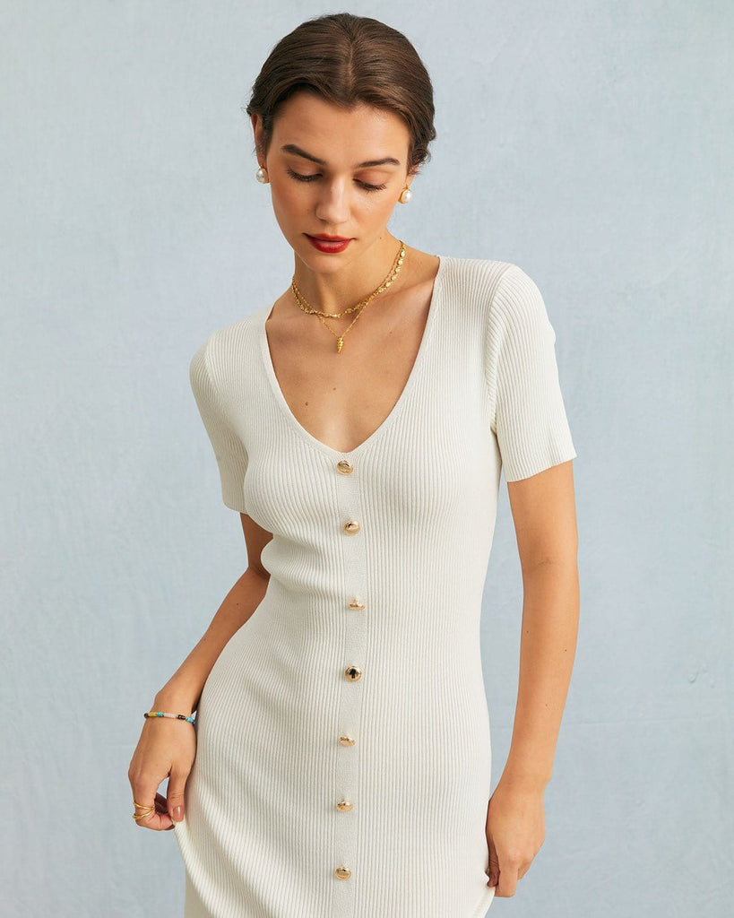 The White Ribbed Button Detail Slit Midi Dress Dresses - RIHOAS