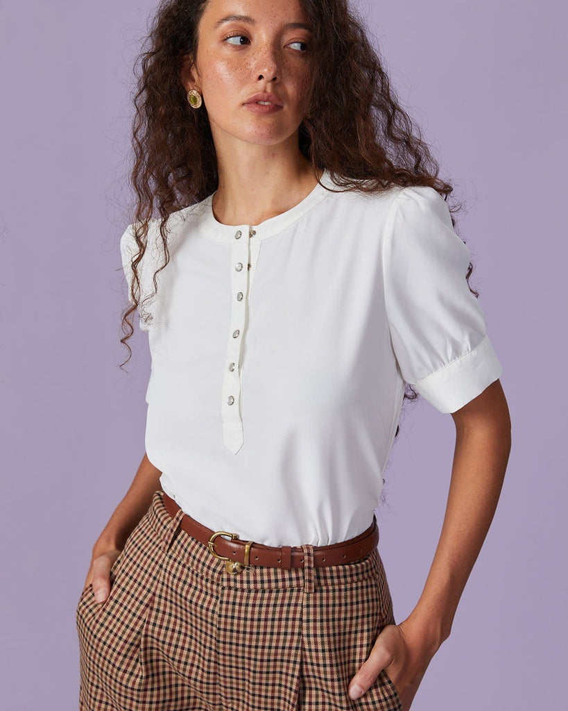 The White Round Neck Button Shirt Tops - RIHOAS