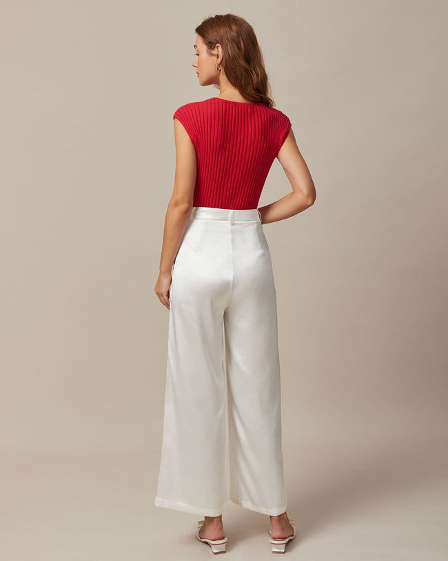 The White High Waisted Satin Wide Leg Pants