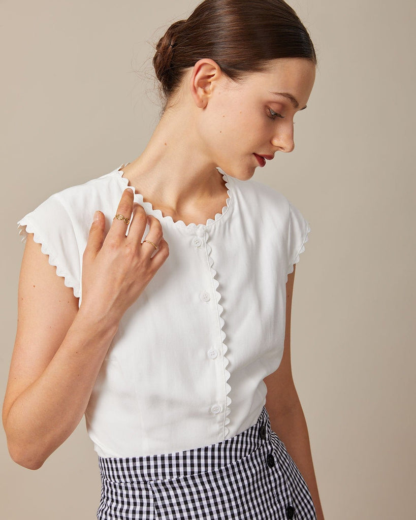 The White Scallop Trim Blouse Tops - RIHOAS