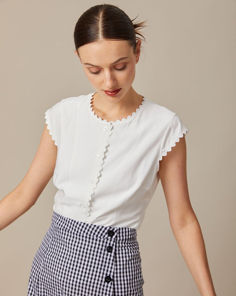 The White Scallop Trim Blouse White Tops - RIHOAS