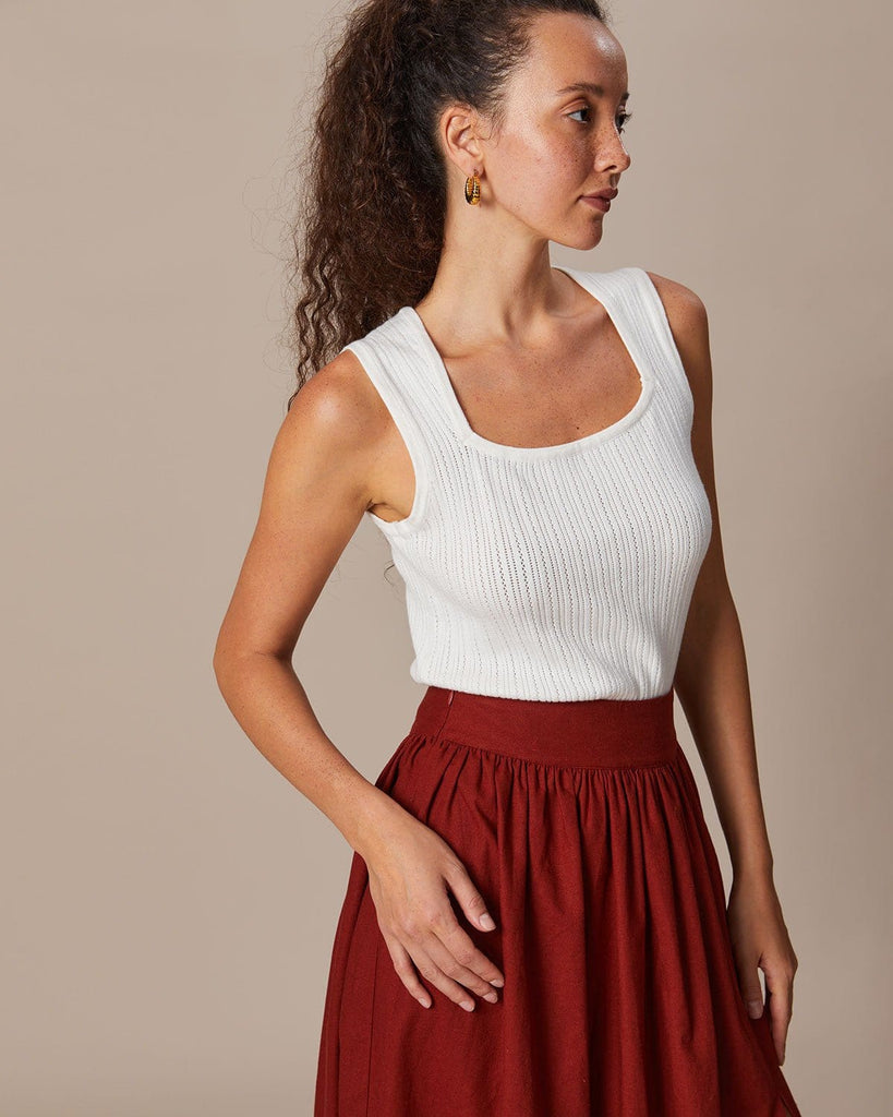 The White Sleeveless Pointelle Knit Tank Top Tops - RIHOAS