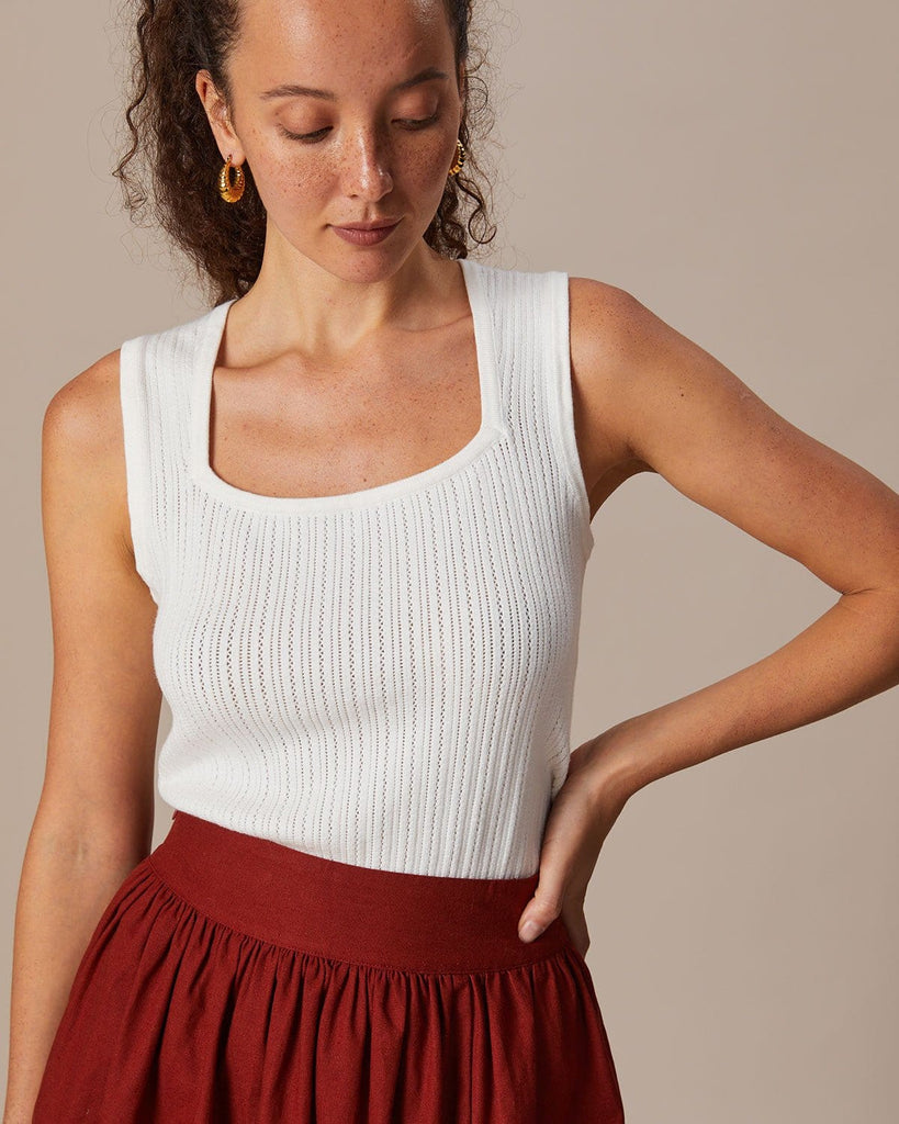 The White Sleeveless Pointelle Knit Tank Top White Tops - RIHOAS