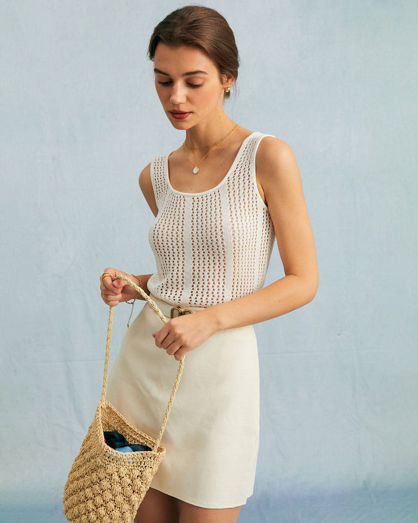 The White Solid Pointelle Kint Tank Top Tops - RIHOAS