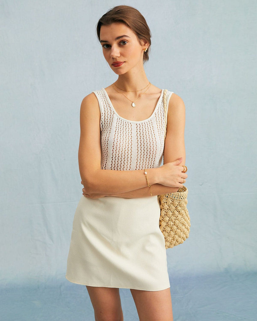 The White Solid Pointelle Kint Tank Top Tops - RIHOAS