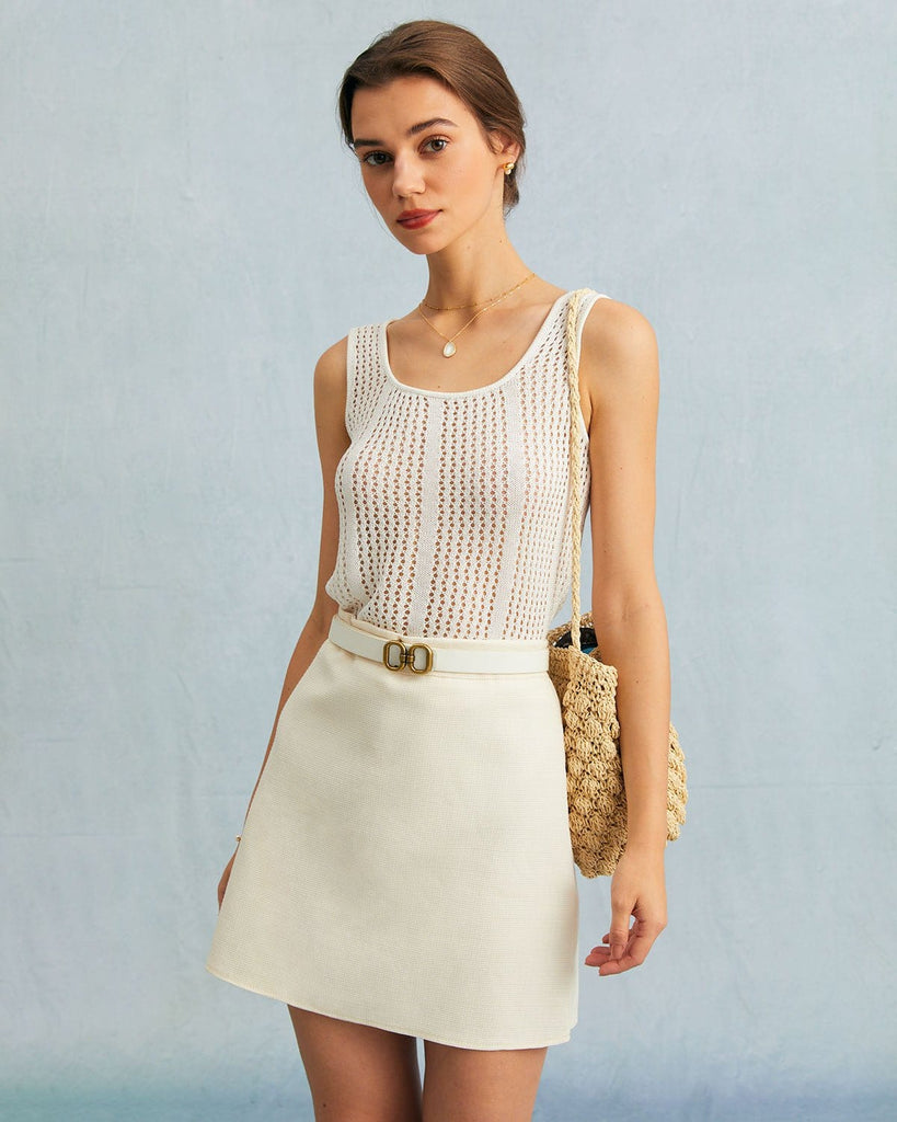 The White Solid Pointelle Kint Tank Top White Tops - RIHOAS