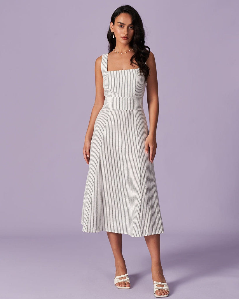 The White Striped Button Midi Dress Dresses - RIHOAS