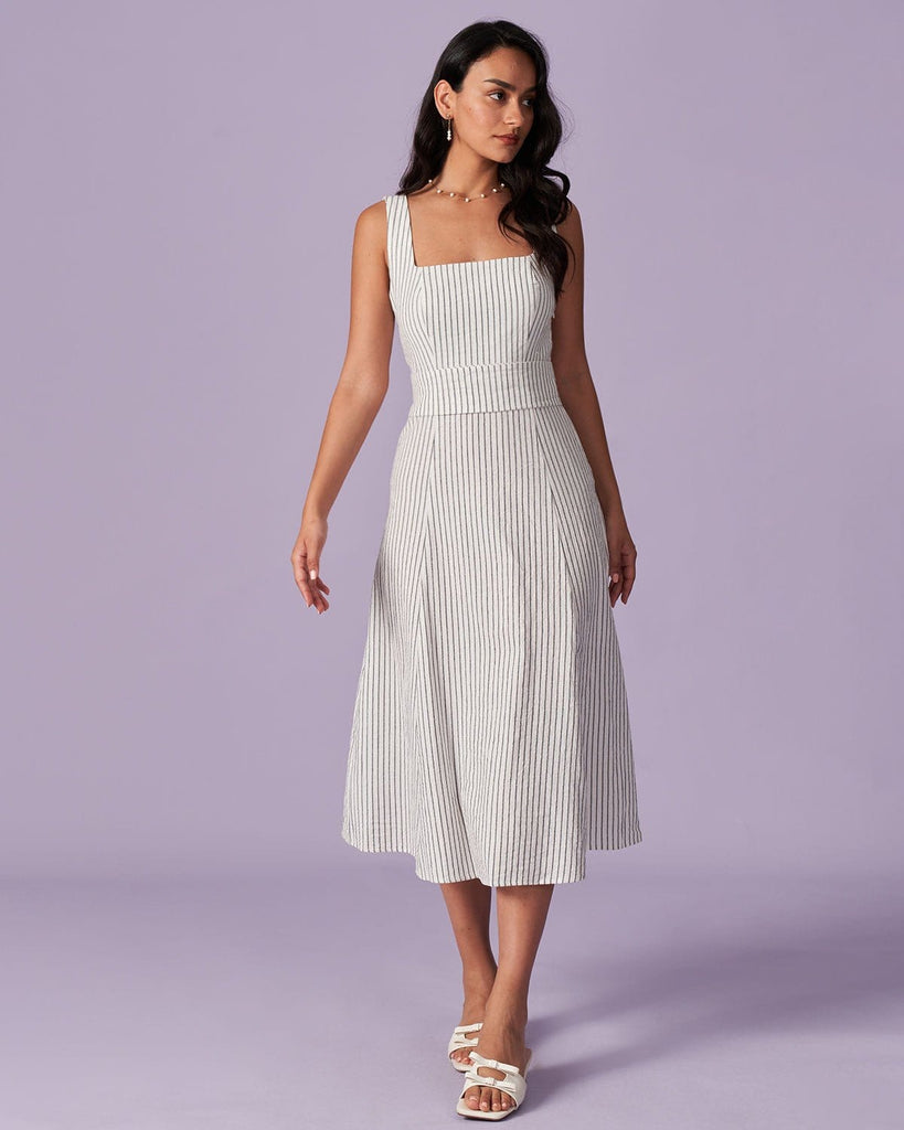 The White Striped Button Midi Dress Dresses - RIHOAS