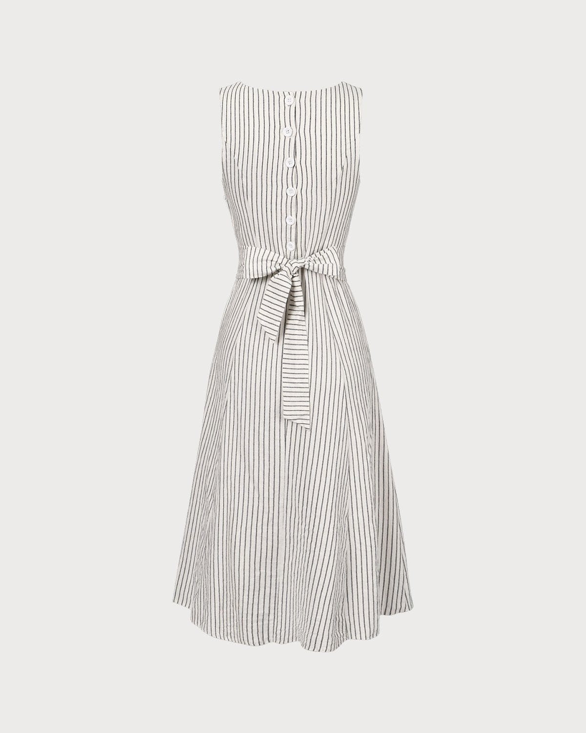 The White Striped Button Midi Dress Dresses - RIHOAS