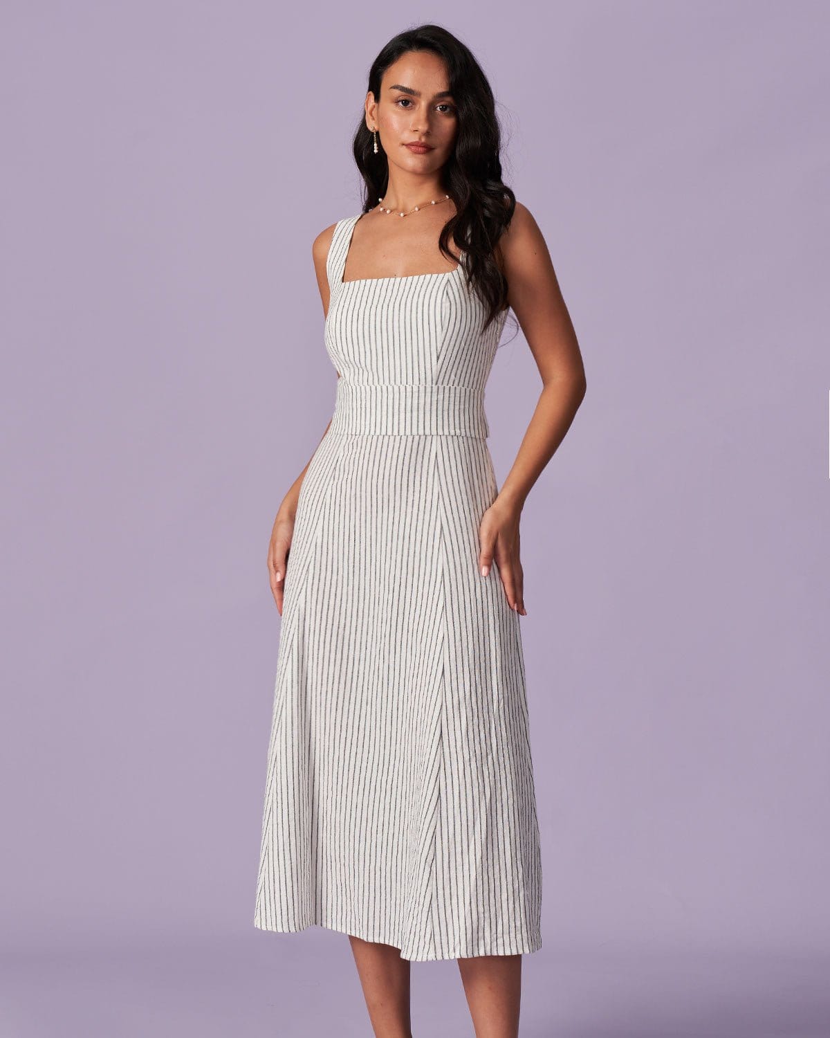 The White Square Neck Striped Midi Dress The White Square Neck Striped Midi Dress