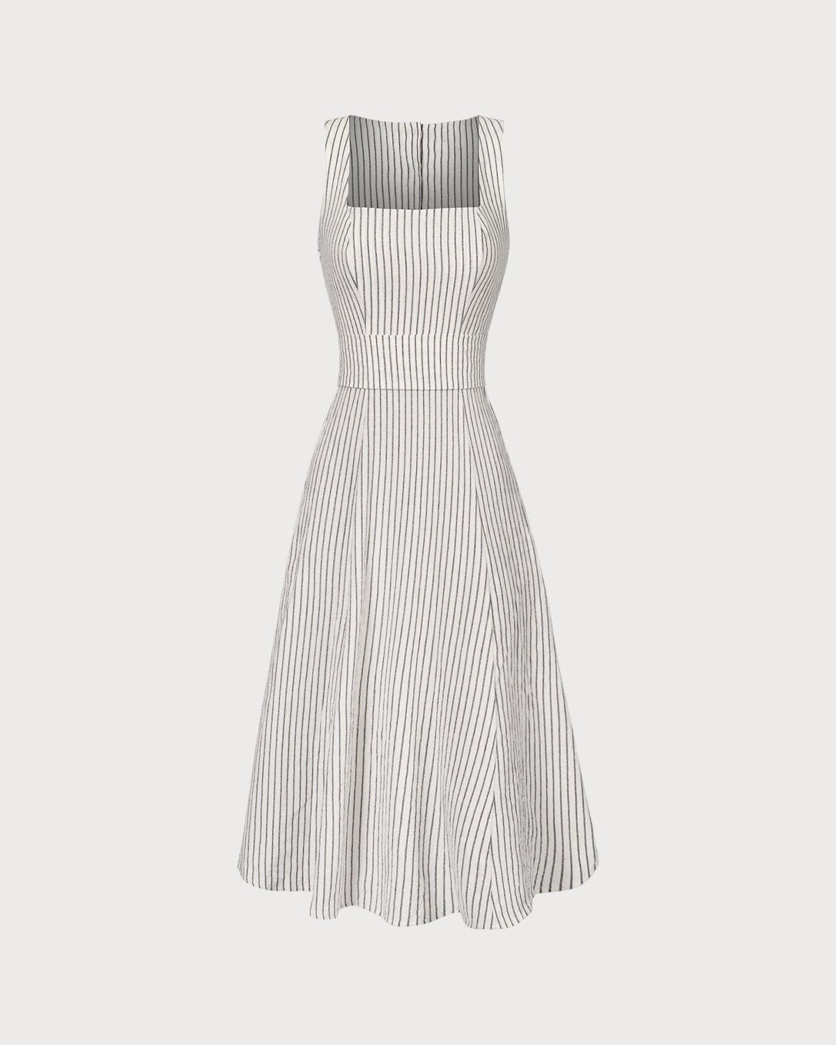 The White Square Neck Striped Midi Dress The White Square Neck Striped Midi Dress
