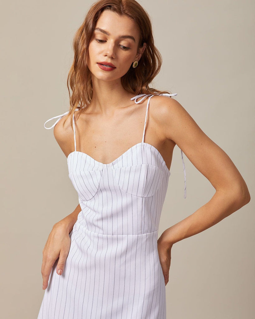 The White Striped Tie Shoulder Dress Dresses - RIHOAS