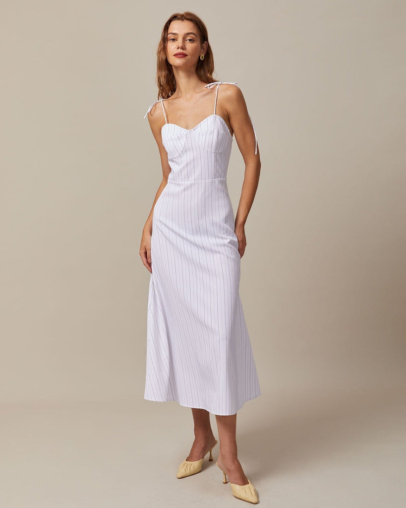 The White Striped Tie Shoulder Dress White Dresses - RIHOAS