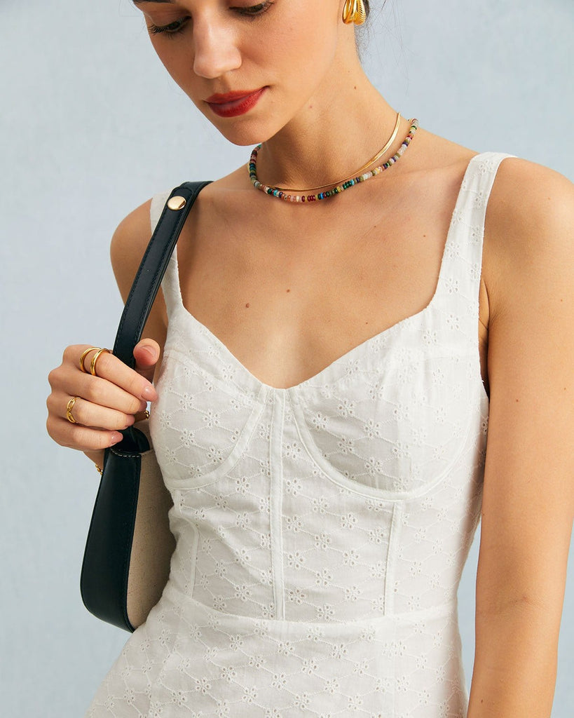 The White Sweetheart Neck Eyelet Midi Dress Dresses - RIHOAS