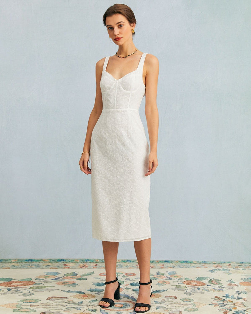 The White Sweetheart Neck Eyelet Midi Dress Dresses - RIHOAS