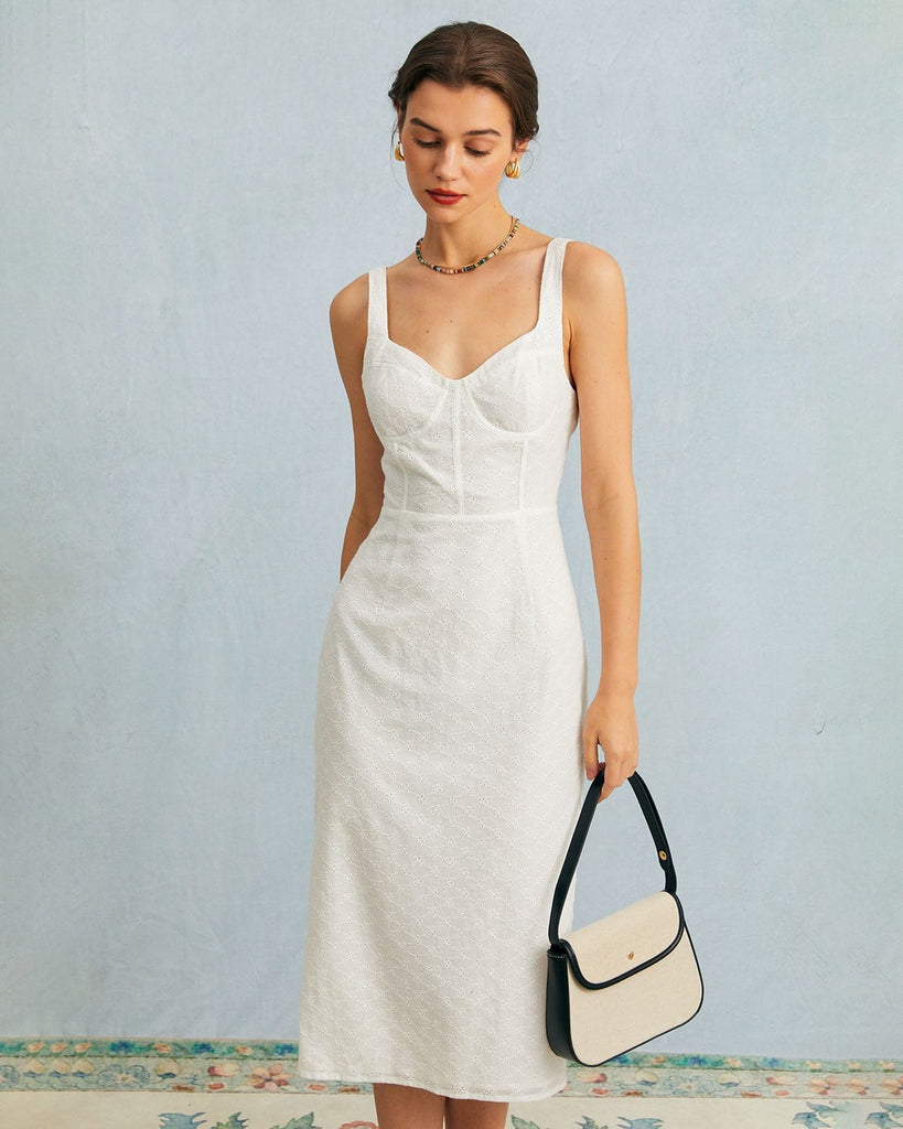 The White Sweetheart Neck Eyelet Midi Dress White Dresses - RIHOAS