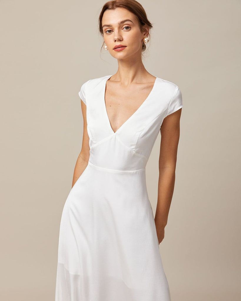 The White V-Neck Backless Satin Maxi Dress Dresses - RIHOAS