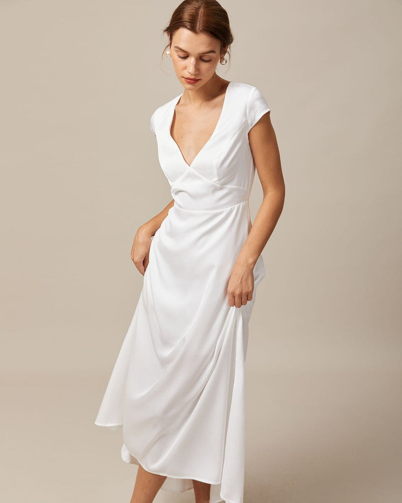 The White V-Neck Backless Satin Maxi Dress Dresses - RIHOAS