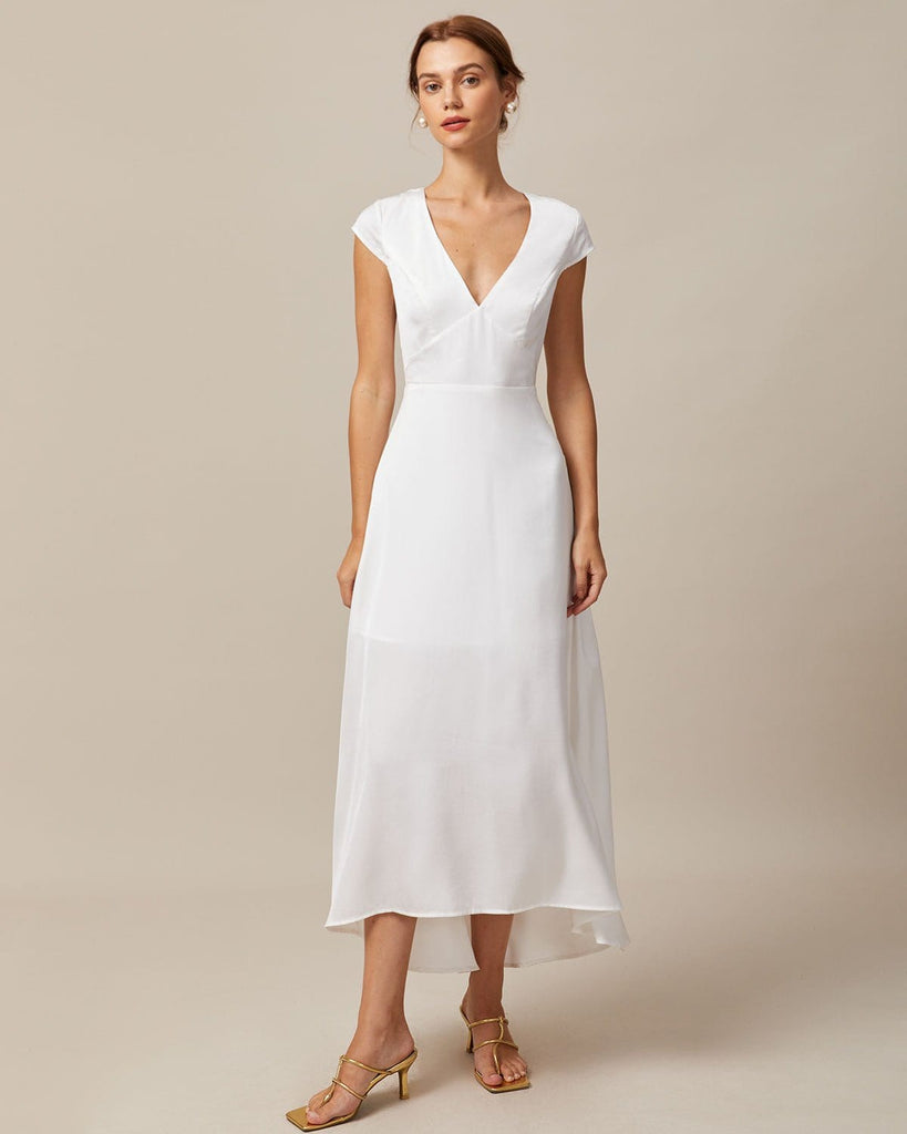 The White V-Neck Backless Satin Maxi Dress Dresses - RIHOAS